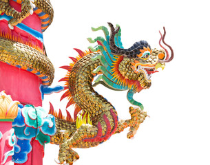 Golden dragon statue on pole, Thailand, Dragon prominently in the beautiful on white background