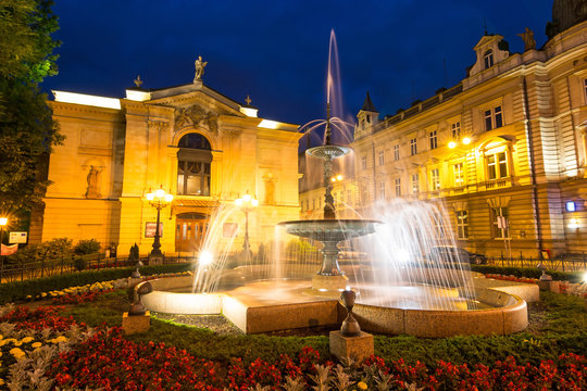 Evening scenery of Polish Theater and spectacular fountain in Bielsko-Biala, Poland