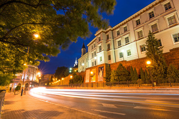 Fototapeta na wymiar Night view on main Zamkowa street in front of Sulkowski Castle in Bielsko-Biala