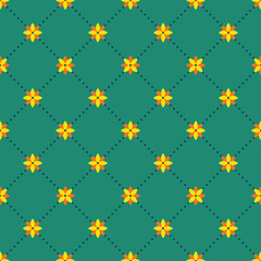 Abstract seamless pattern with floral elements. Small flowers and dots on a green background.