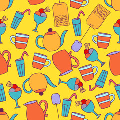 Seamless pattern with hand drawn elements. Tee bags, cups, desert and other things for sweet pause.