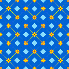 Abstract seamless pattern with floral elements. Small flowers and dots on a blue background with squares.