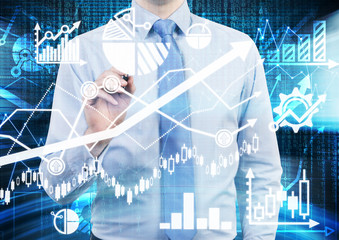 Analyst is drawing a financial calculations and predictions on the glass screen. Graphs, charts and...