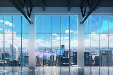 Contemporary office with New York view. Financial charts are drawn over the windows.