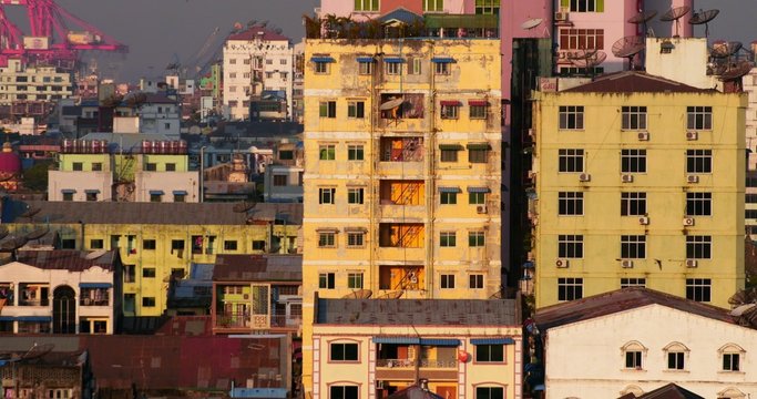 Cityscape of Yangon town, Myanmar (Burma). Many buildings in city downtown