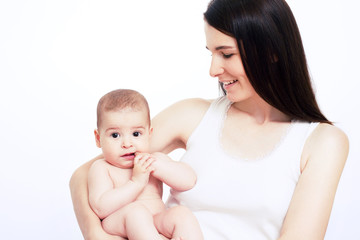 Mom with baby on white background
