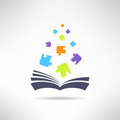 Book icon with puzzle pieces flying from it. Riddle and smart
