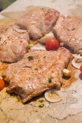 Pork steak grilled on stone plate