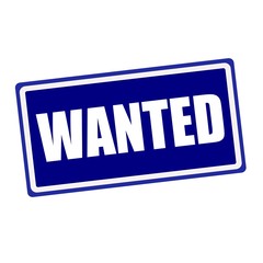 Wanted white stamp text on blue background