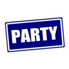 Party white stamp text on blue background