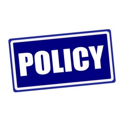 Policy white stamp text on blue background