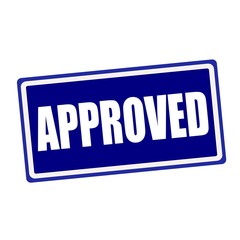 approved white stamp text on blue background