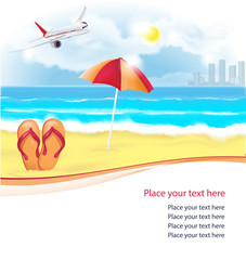 Fototapeta na wymiar Summer beach with slippers and umbrella. Vector illustration
