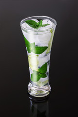 water with ice, mint, lime