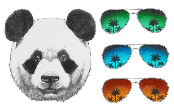 Original drawing of Panda with mirror sunglasses. Isolated on white background