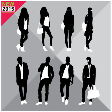 Set of men and women black silhouettes