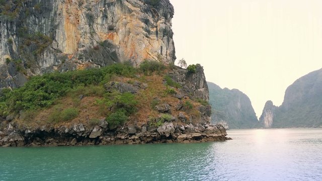 Halong Bay Vietnam. Tourist boat trip traveling near mountains. Sea nature