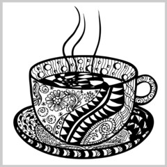 Hand drawn Zentangle vector pattern witn a Cup on white background. Use for cards, invitation, wallpapers, pattern fills, web pages elements and etc.