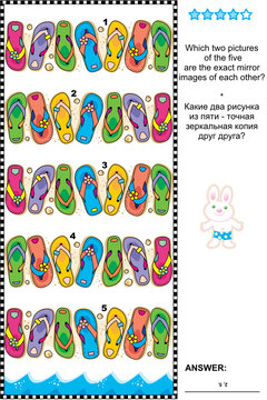 Visual logic puzzle: Which two pictures of the five flip-flops rows are the exact mirror images of each other? Answer included.
