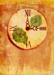 A grunge watercolor drawing of a vintage clock with artichokes