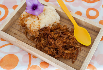 Sticky rice with fried pork, Thai food