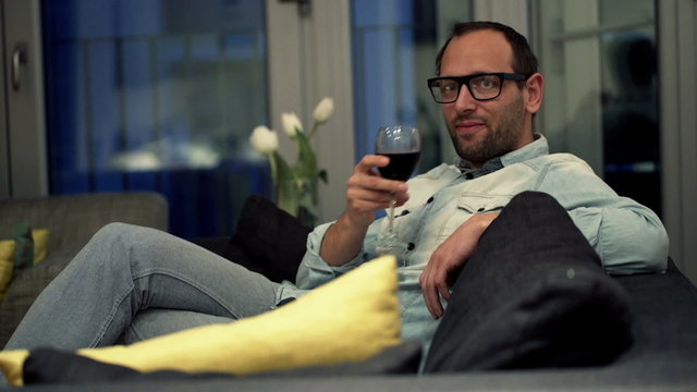 Happy man raising toast to camera and drinking wine on sofa at home
