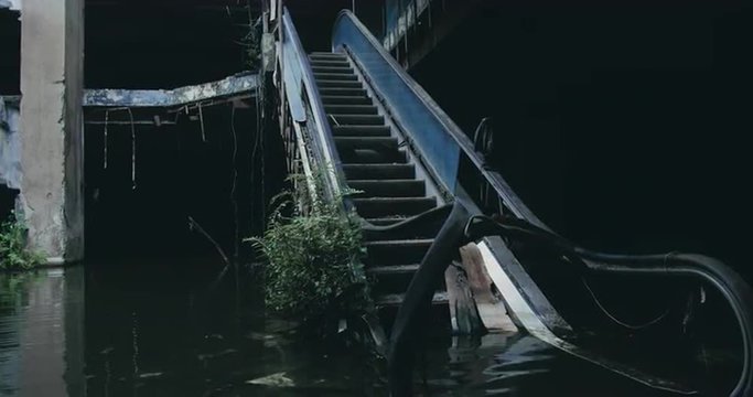 Climate change and global warming effect. Flooded and destroyed shopping mall