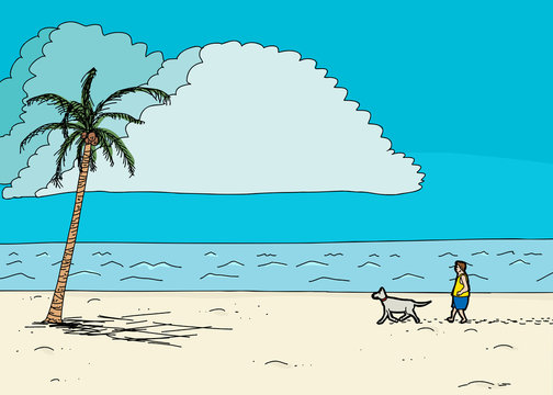 Walking Dog Near Palm Tree on Beach