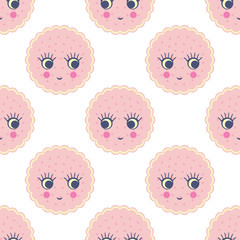 Seamless pattern with smiling pink cookies for kids holidays. Cute baby shower vector background. Child drawing style.