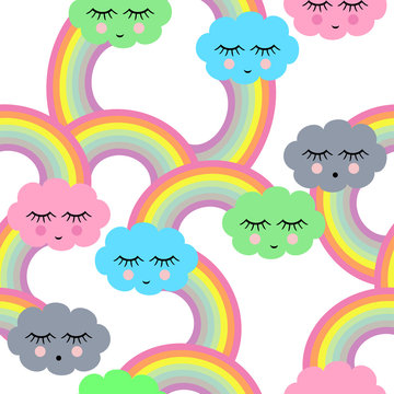 Seamless pattern with smiling sleeping clouds and rainbows for kids holidays, textiles, interior design, book design, websites. Cute baby shower vector background. Child drawing style.