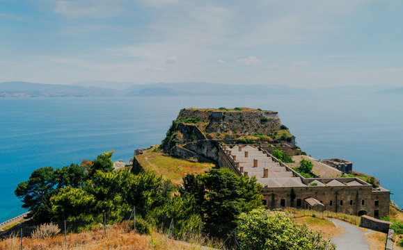  Aerial view of Corfu city as seen from the Old Fortress  on Corfu island, Greece. Panorama of the  Corfu town, Greece