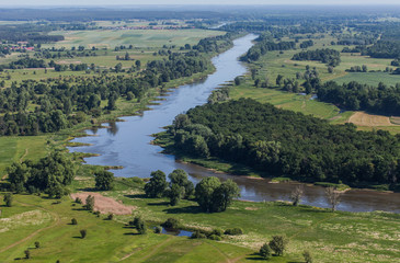 aerial view of the  Odra river near Scinawa town