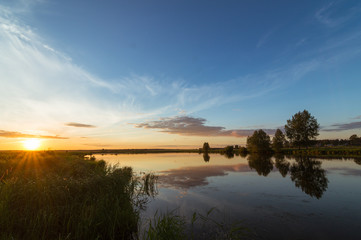 закат на реке, Россия, Урал