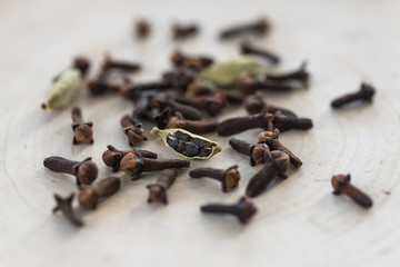 Cardamom seeds and cloves - closeup with selective focus