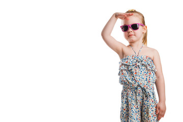 Little fashion girl in sunglasses isolated on white background