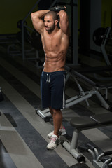 Fototapeta na wymiar Bodybuilder Exercising Triceps With Dumbbell