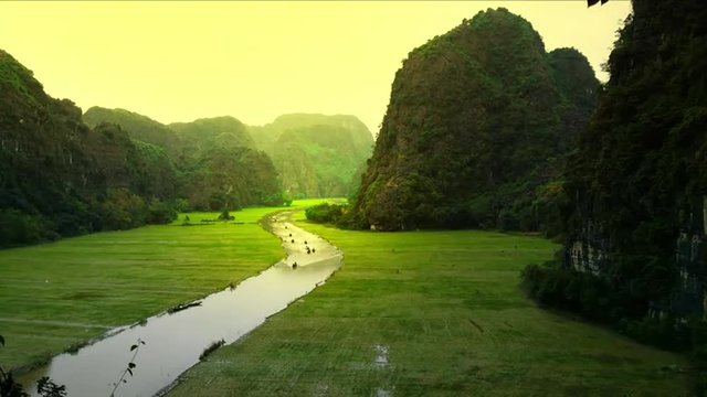 Vietnam river landscape and rice fields panoramic view Ninh Binh. Asia travel HD