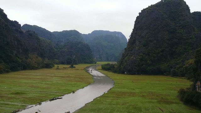 Countryside nature of Vietnam. Mountains, rice fields and river twists 