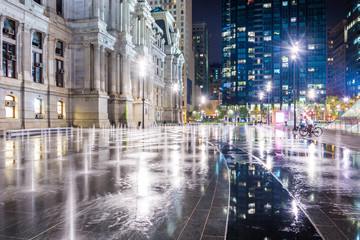 Fountains and buildings at night, at Dilworth Park, in Philadelp