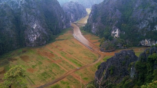 Countryside nature of Vietnam. Mountains, rice fields and river twists