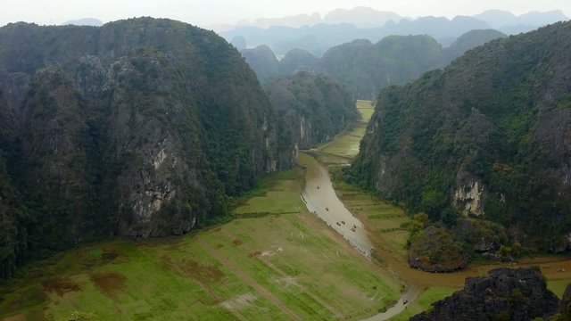 Countryside nature of Vietnam. Mountains, rice fields and river twists
