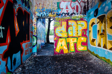 Graffiti under an abandoned pier in Philadelphia, Pennsylvania.