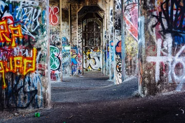Foto auf Acrylglas Graffiti unter einem verlassenen Pier in Philadelphia, Pennsylvania. © jonbilous