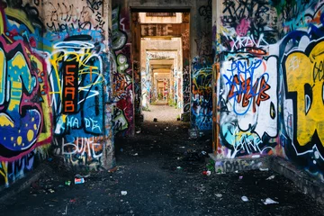 Tuinposter Graffiti under an abandoned pier in Philadelphia, Pennsylvania. © jonbilous