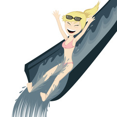 Cute blonde girl slides in aqua park (summertime illustration)
