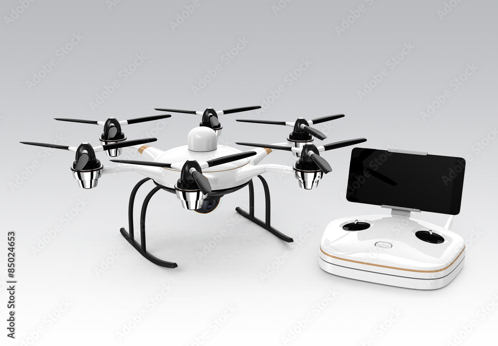 Poster drone and rc controller isolated on gray background.