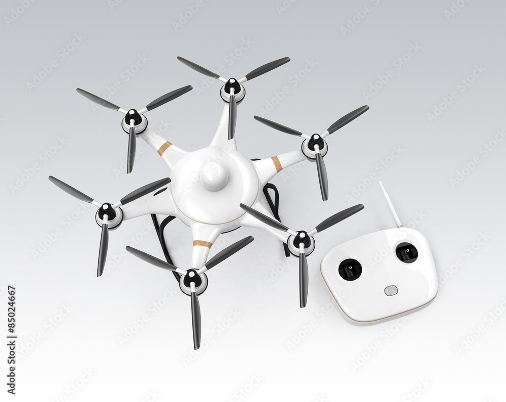 Poster drone and rc controller isolated on gray background.