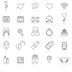 Valentine's day line icons with reflect on white