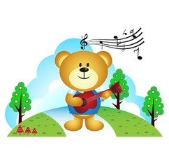 Obraz na płótnie Canvas Little bear playing guitar in the park