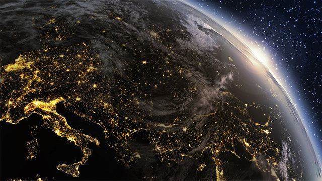 Highly detailed. 3d Render using satellite imagery (NASA). Planet earth Europe zone with night time and sunrise